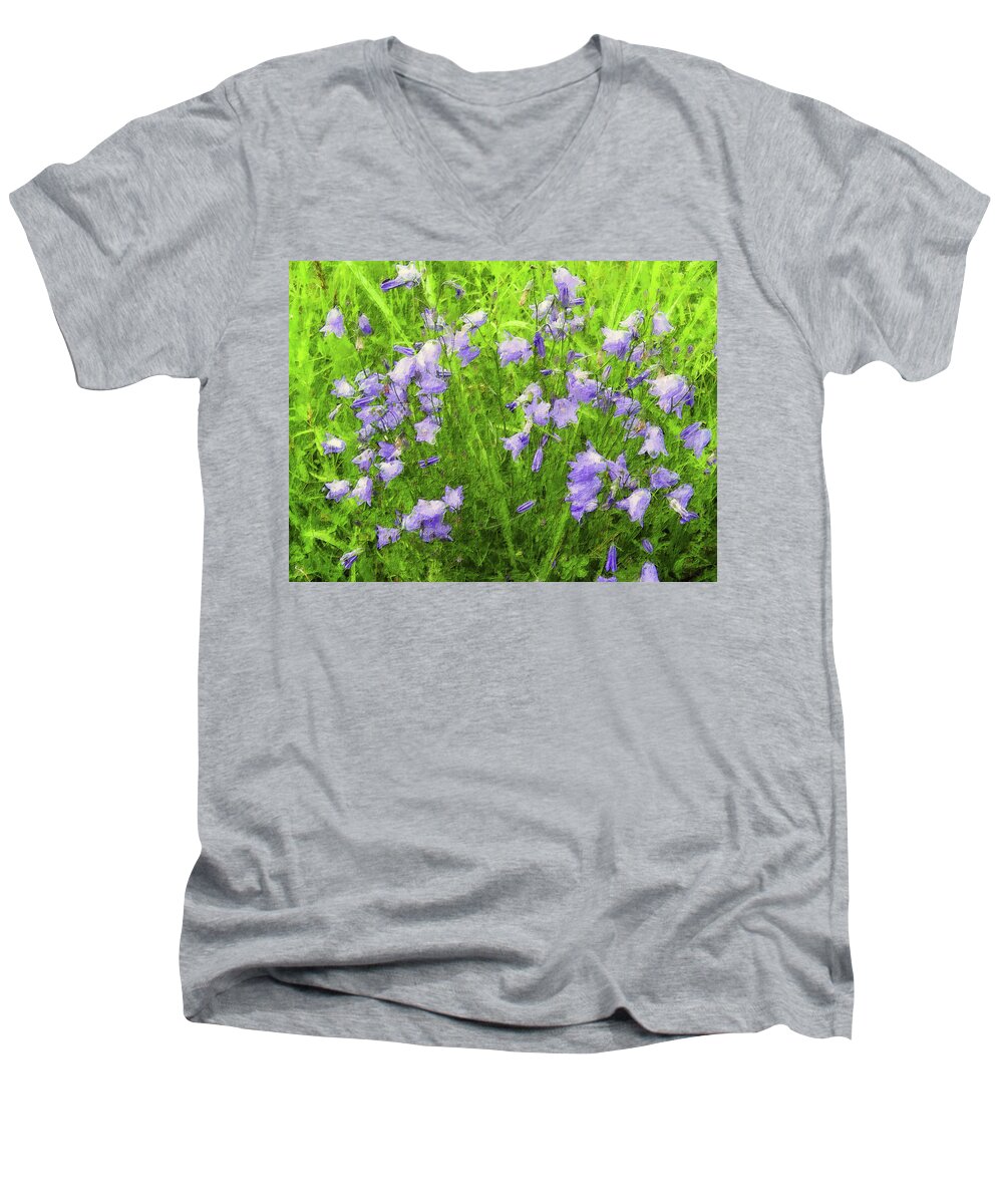 Bluebells Men's V-Neck T-Shirt featuring the painting Bluebells on a Sunny Day by Alex Mir