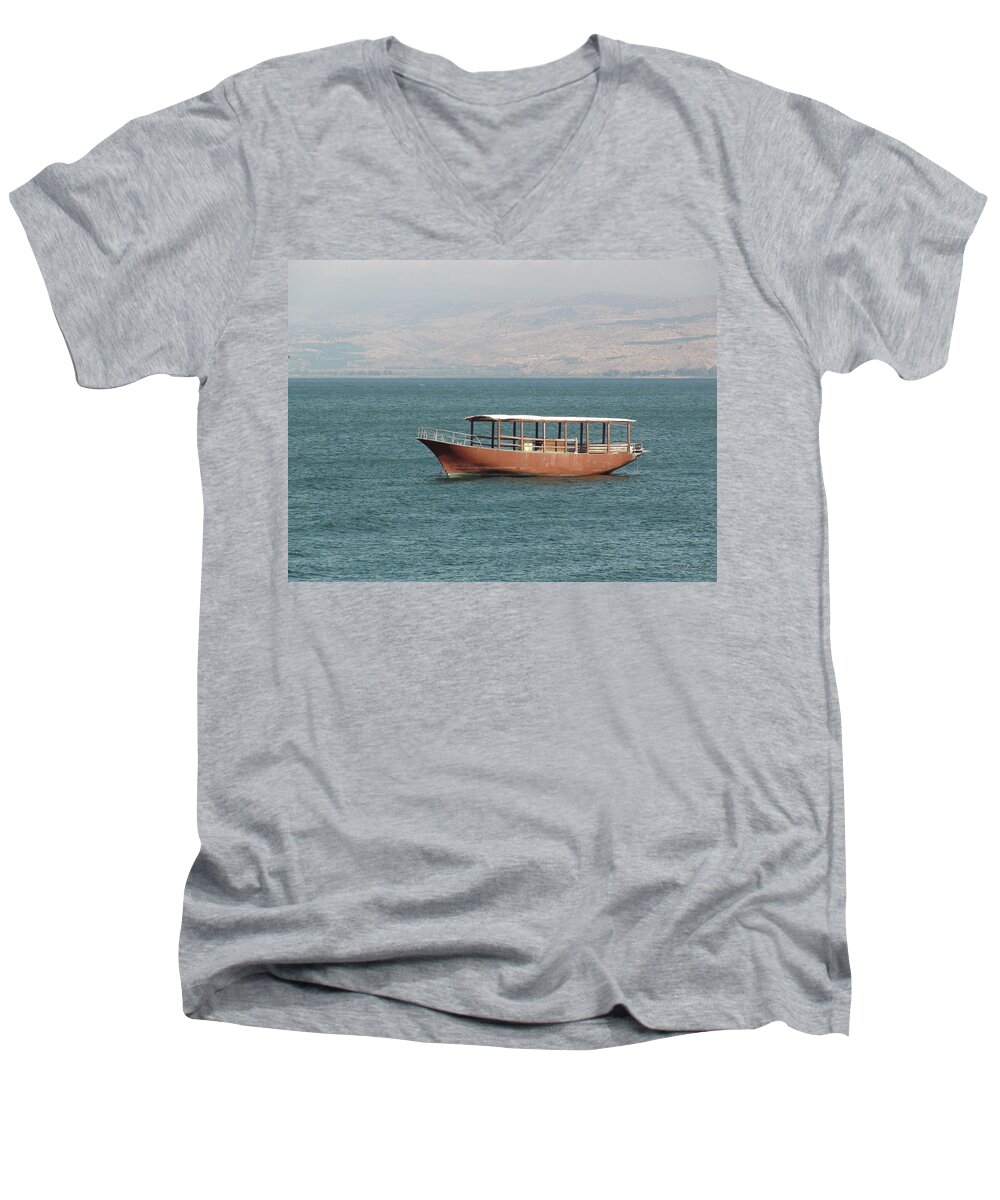 Boat Men's V-Neck T-Shirt featuring the photograph Boat on Sea of Galilee by Brian Tada