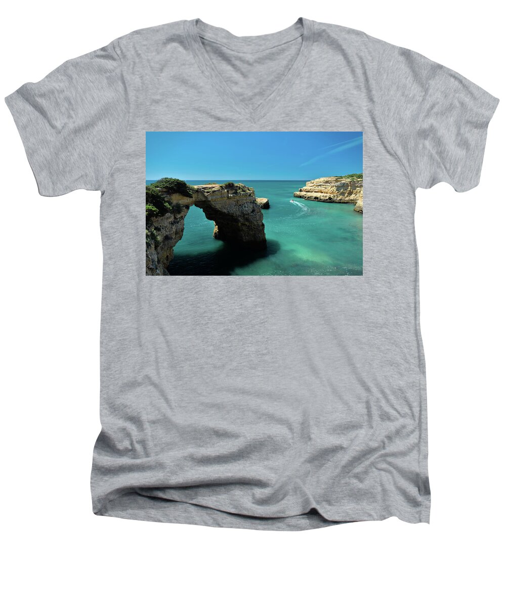 Mediterranean Sea Men's V-Neck T-Shirt featuring the photograph Boat Tour by the Cliffs in Lagoa by Angelo DeVal