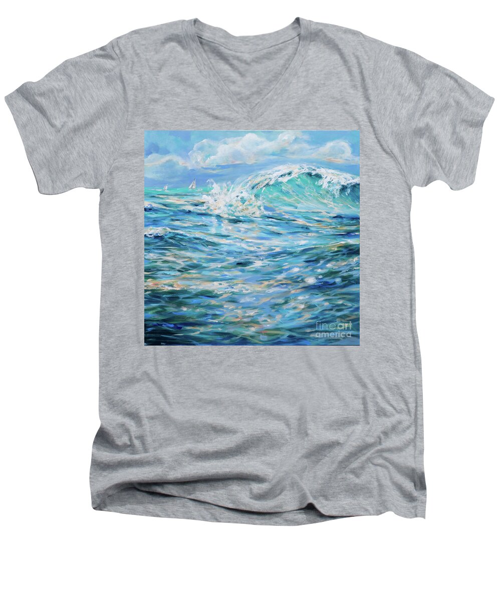 Surf Men's V-Neck T-Shirt featuring the painting Bodysurfing Rolling Wave by Linda Olsen