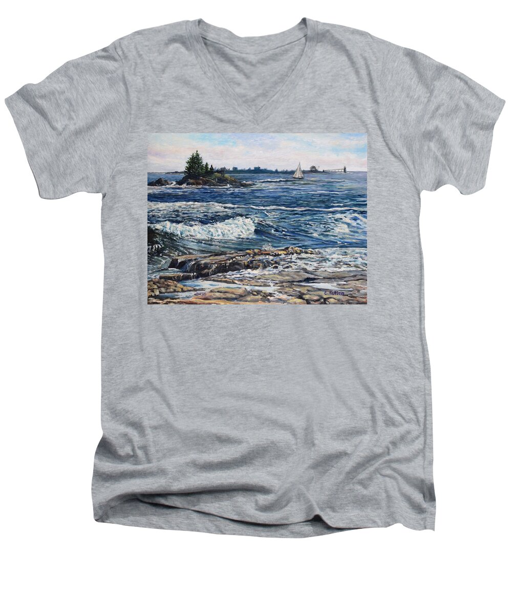 Maine Men's V-Neck T-Shirt featuring the painting Ocean Point, East Boothbay, Maine by Eileen Patten Oliver