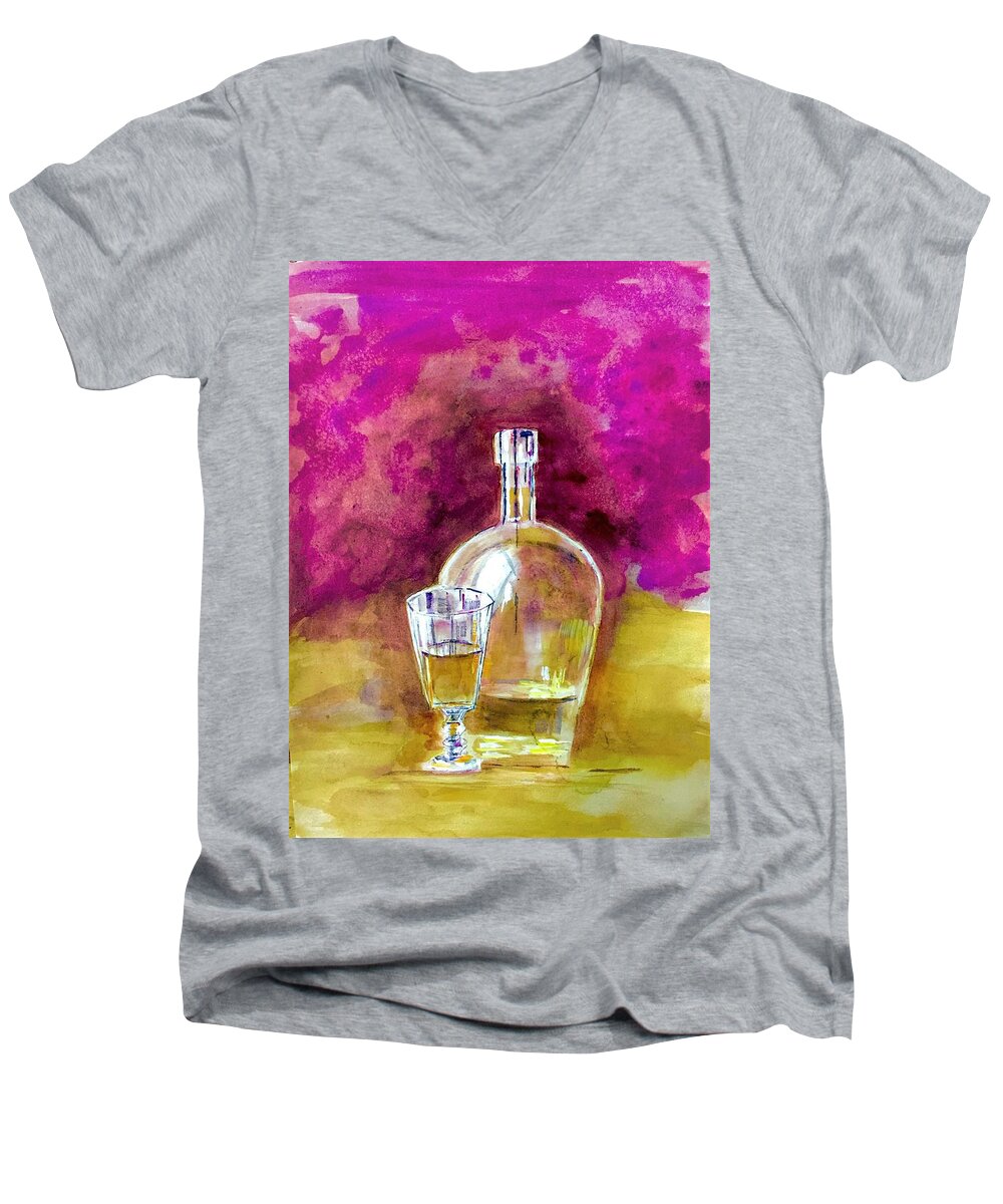 Still Life Men's V-Neck T-Shirt featuring the painting Bottle with glass by Khalid Saeed
