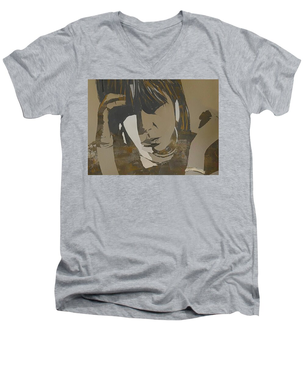Chrissie Hynde Men's V-Neck T-Shirt featuring the mixed media Brass In Pocket by Paul Lovering