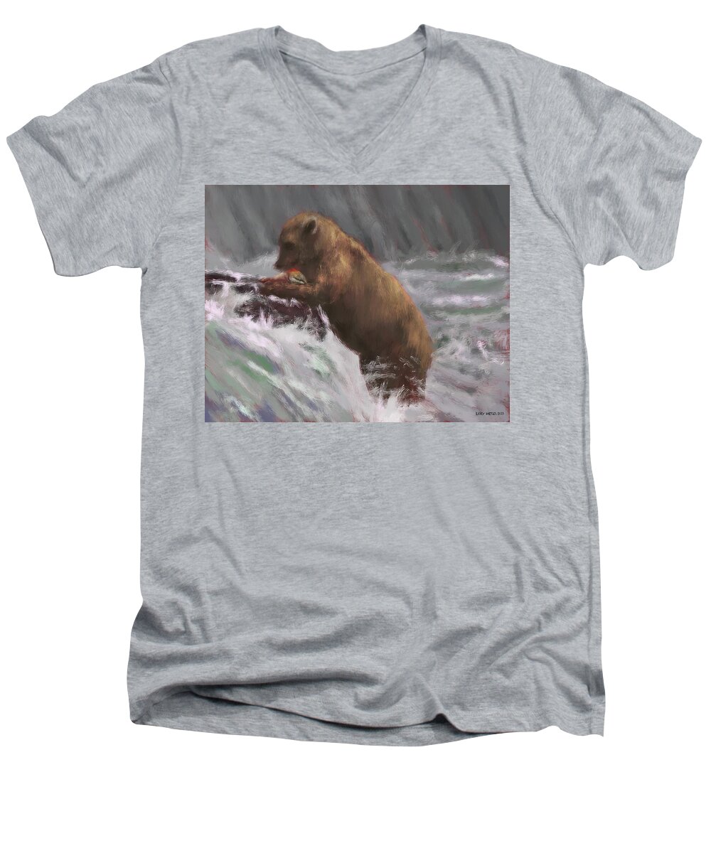 Bear Men's V-Neck T-Shirt featuring the digital art Brooks Falls Brown Bear by Larry Whitler