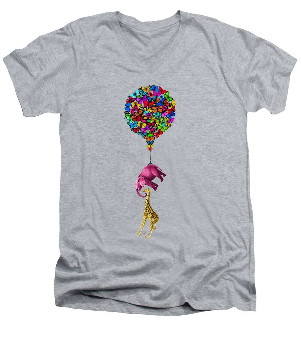 Elephant Men's V-Neck T-Shirt featuring the mixed media Butterfly Safari Animals by Madame Memento