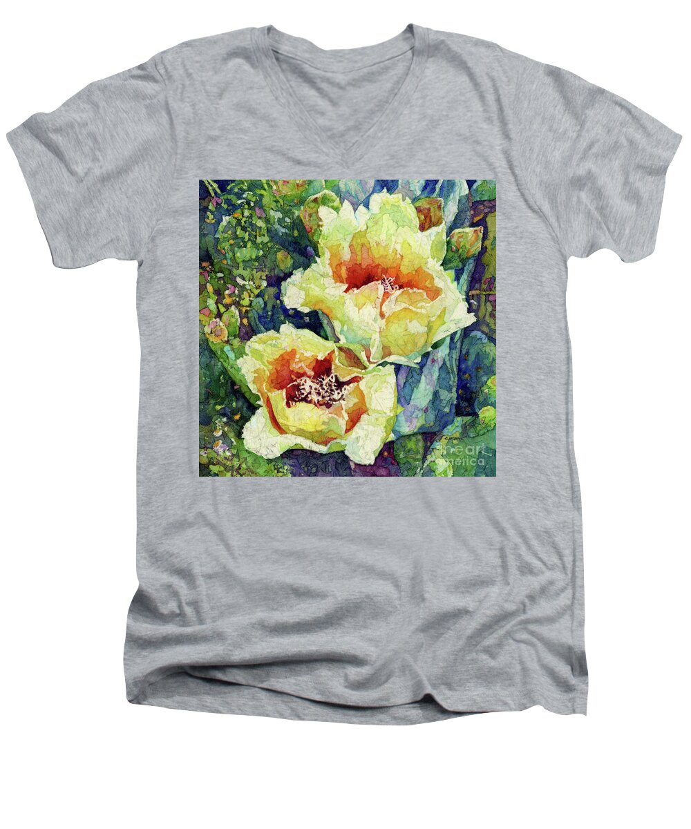 Cactus Men's V-Neck T-Shirt featuring the painting Cactus Splendor I - Yellow Blossoms by Hailey E Herrera