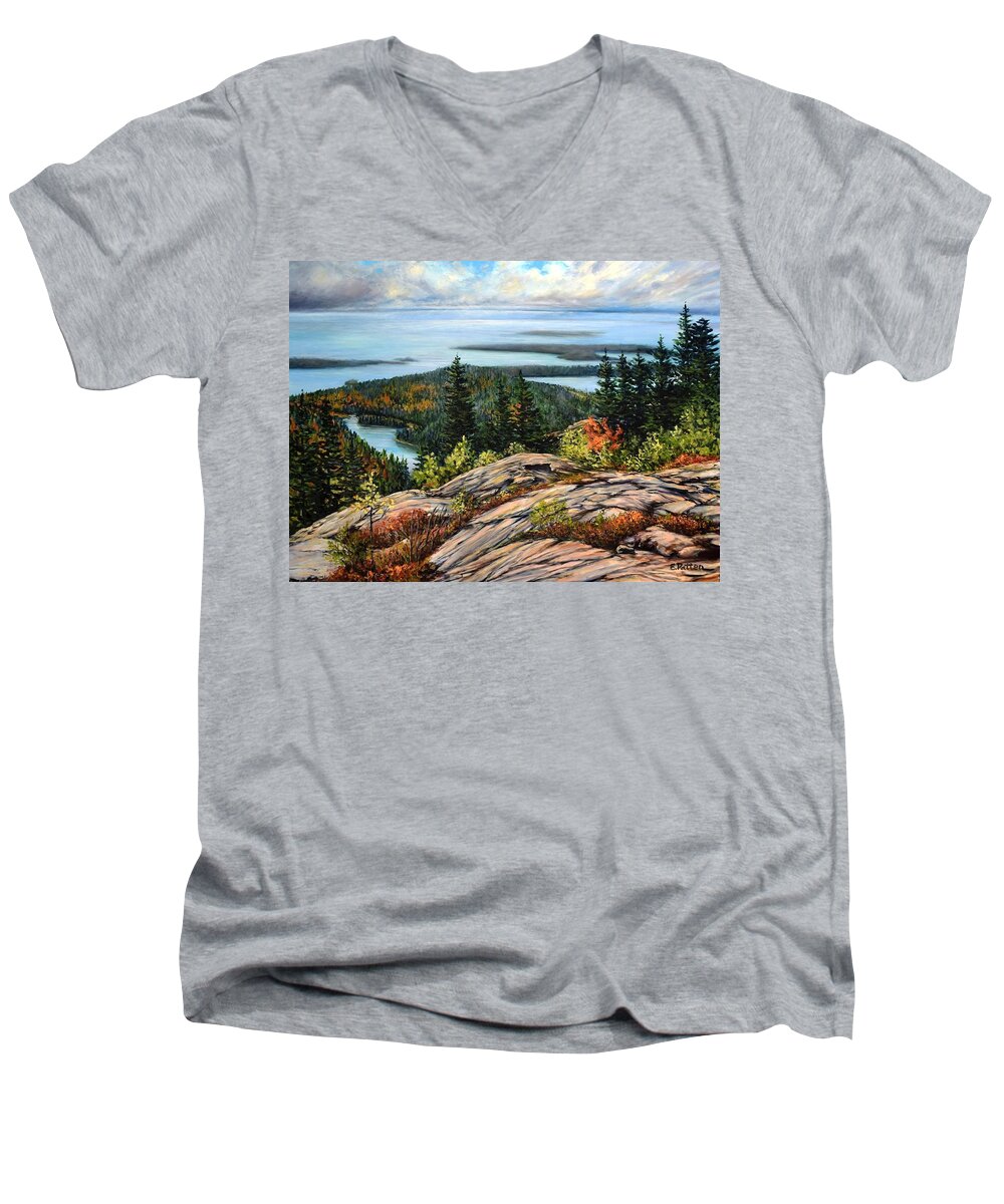 Cadillac Mountain Men's V-Neck T-Shirt featuring the painting Cadillac Mountain, Acadia National Park by Eileen Patten Oliver