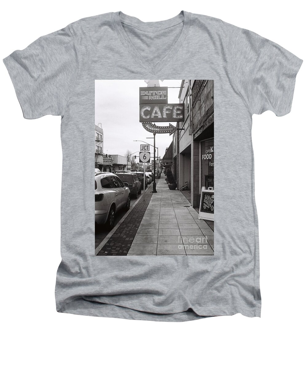 Street Photography Men's V-Neck T-Shirt featuring the photograph Cafe in Quiet Town by Chriss Pagani