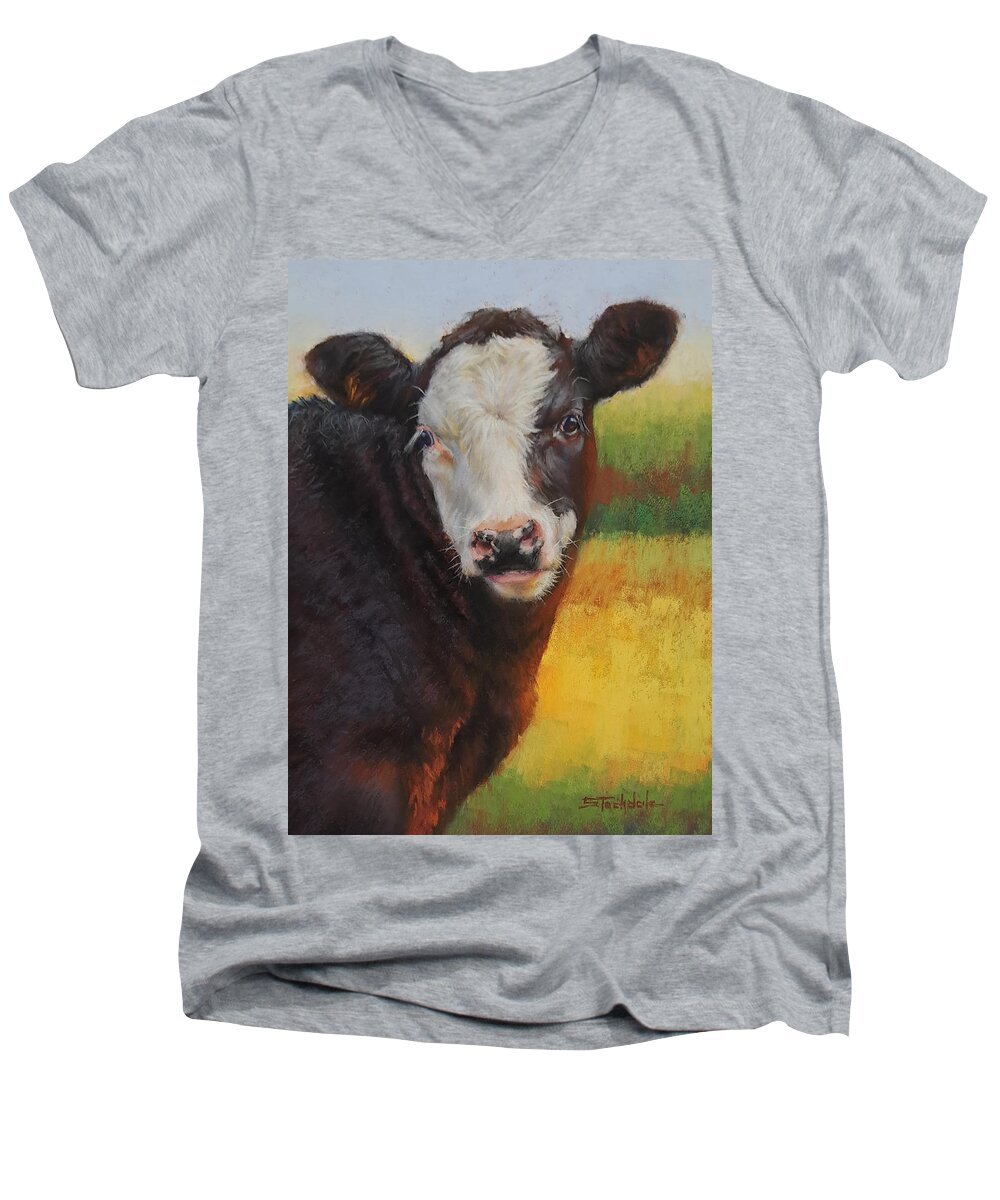 Calf Men's V-Neck T-Shirt featuring the pastel Masked Calf Portrait by Margaret Stockdale