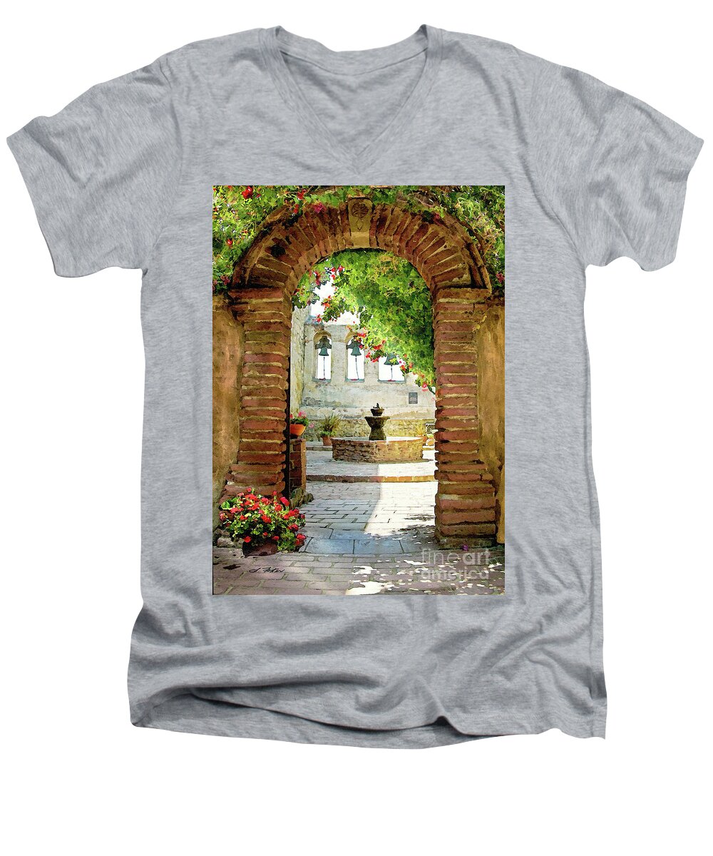 Mission Men's V-Neck T-Shirt featuring the digital art Capistrano Gate by Sharon Foster