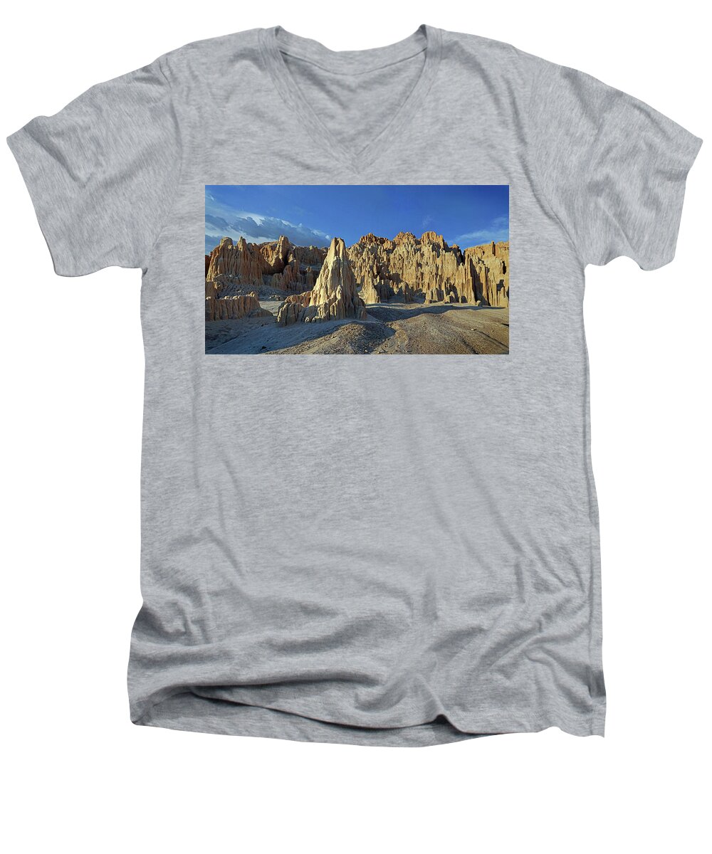 Nevada Men's V-Neck T-Shirt featuring the photograph Cathedral Gorges SP Panorama 4 by JustJeffAz Photography