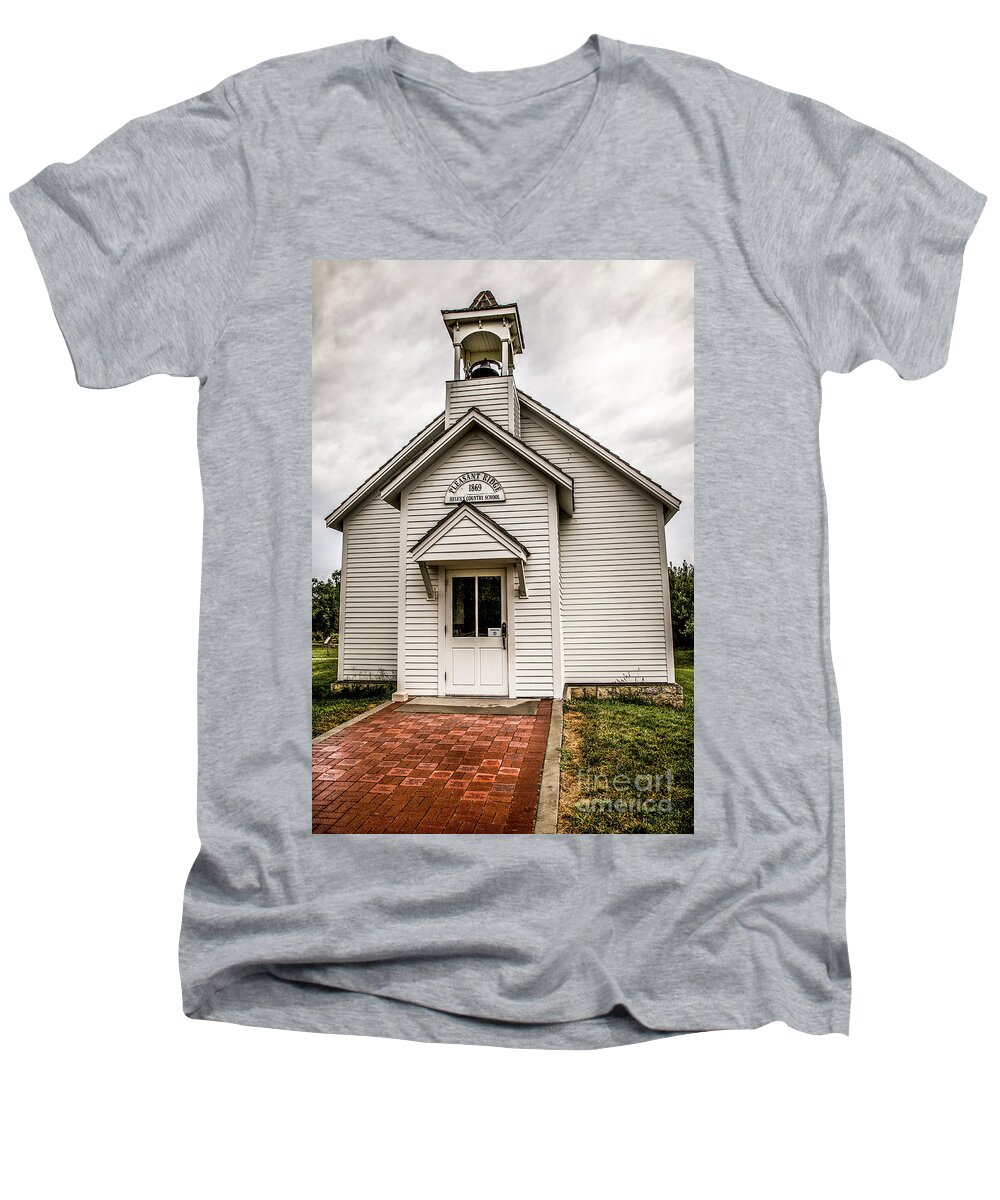 Pleasant Ridge Men's V-Neck T-Shirt featuring the photograph Helen's Country School by Lynn Sprowl
