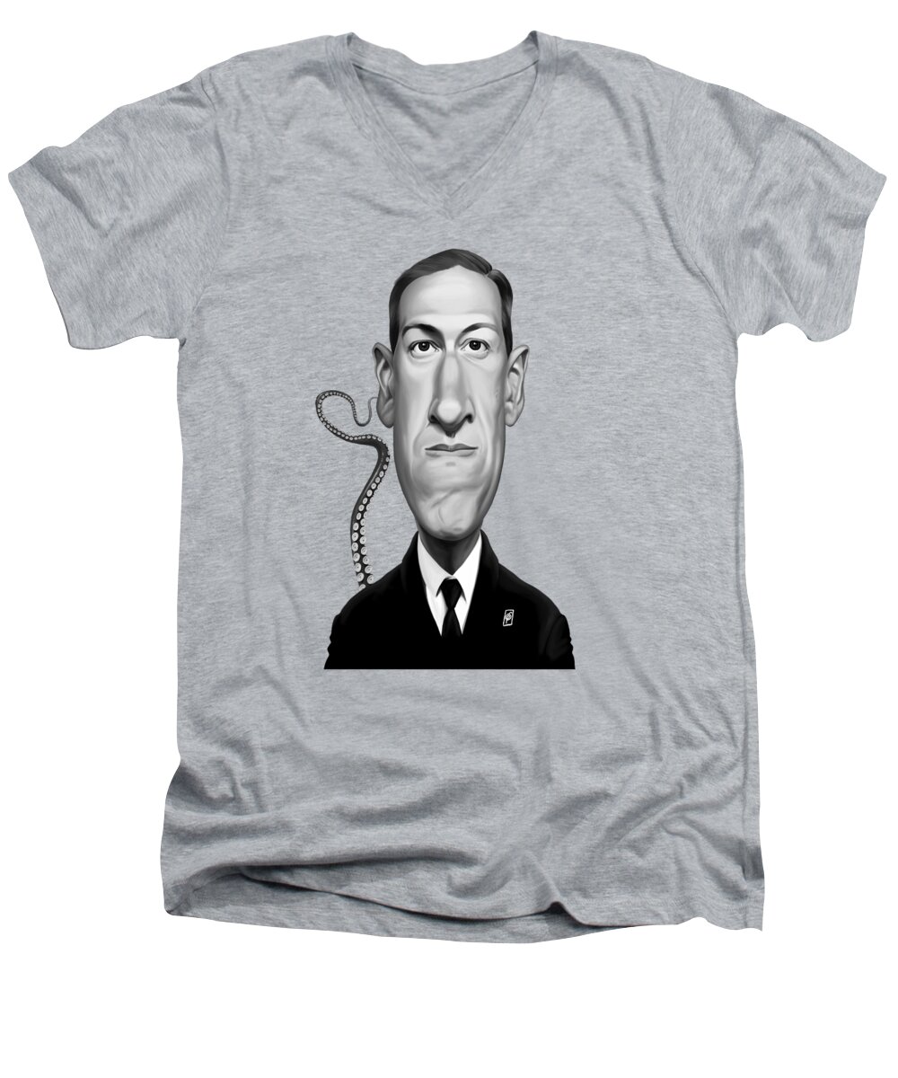 Illustration Men's V-Neck T-Shirt featuring the digital art Celebrity Sunday - H.P Lovecraft by Rob Snow