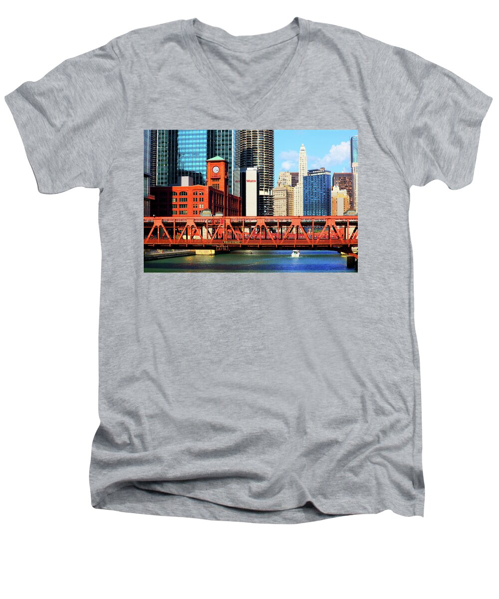Chicago Skyline Men's V-Neck T-Shirt featuring the photograph Chicago Skyline River Bridge by Patrick Malon