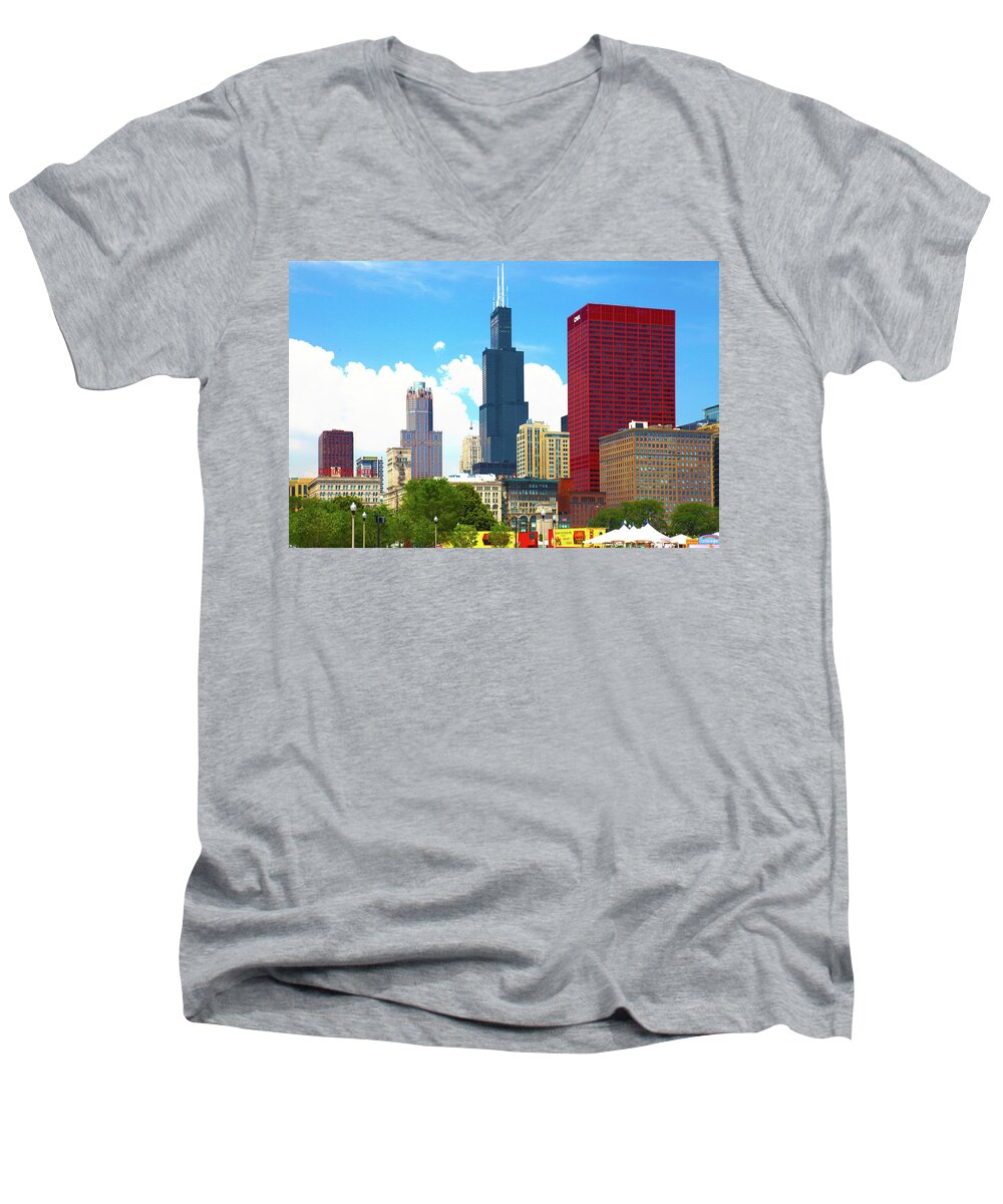 Architecture Men's V-Neck T-Shirt featuring the photograph Chicago Skyline Sears Tower Grant Park by Patrick Malon