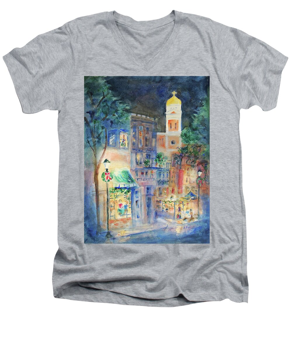 Christmas Men's V-Neck T-Shirt featuring the painting Christmas in Mobile by Jerry Fair