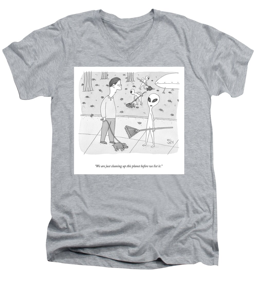 Cctk Men's V-Neck T-Shirt featuring the drawing Cleaning Up This Planet by Peter C Vey