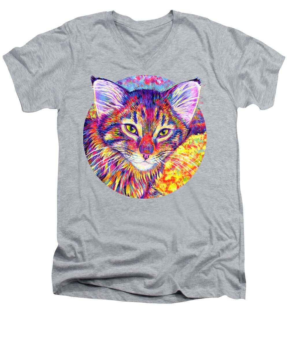 Cat Men's V-Neck T-Shirt featuring the painting Colorful Maine Coon Kitten by Rebecca Wang