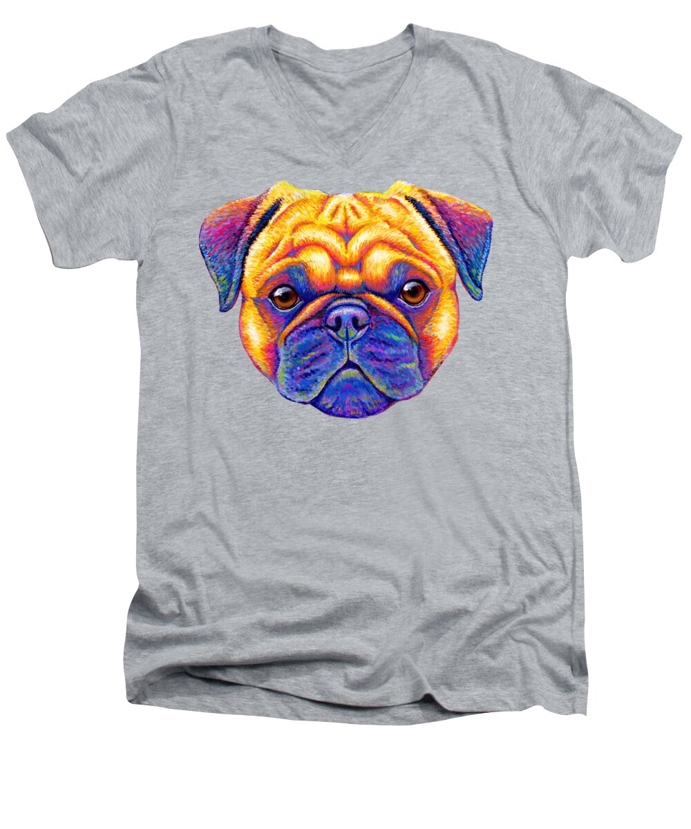 Pug Men's V-Neck T-Shirt featuring the painting Colorful Rainbow Pug Dog Portrait by Rebecca Wang