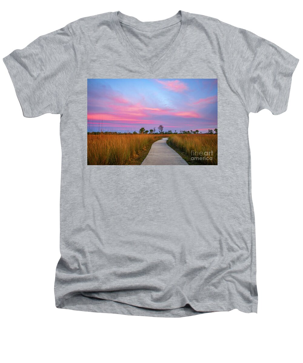 Walkway Men's V-Neck T-Shirt featuring the photograph Colorful Sunrise Walkway by Tom Claud