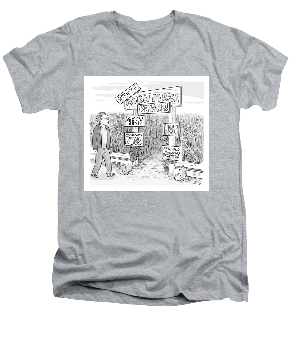 Captionless Men's V-Neck T-Shirt featuring the drawing Corn Maze Beware by Ellis Rosen