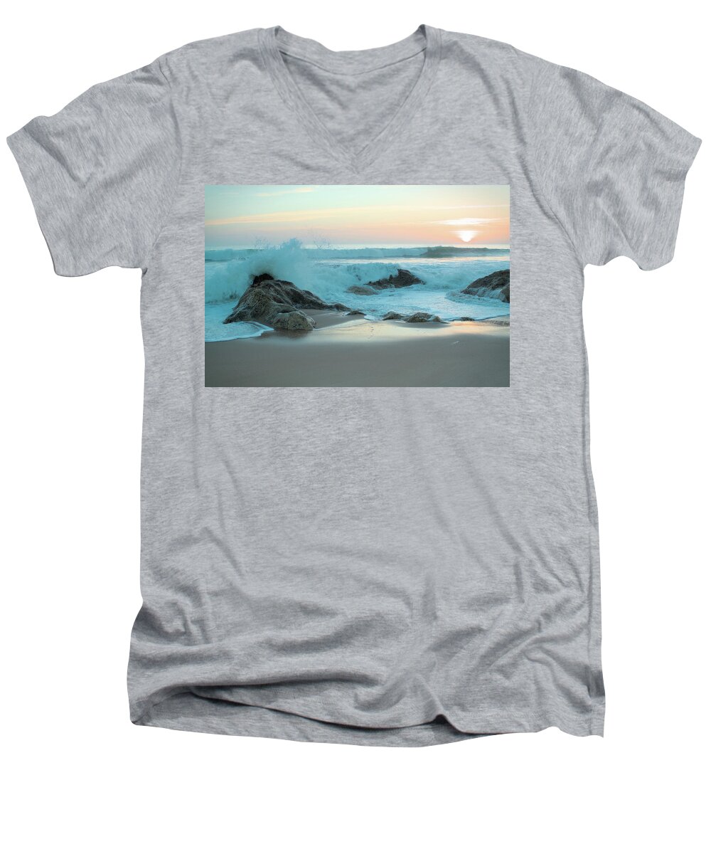 Sunset Men's V-Neck T-Shirt featuring the photograph Crushing waves in Salgados beach at sunset by Angelo DeVal