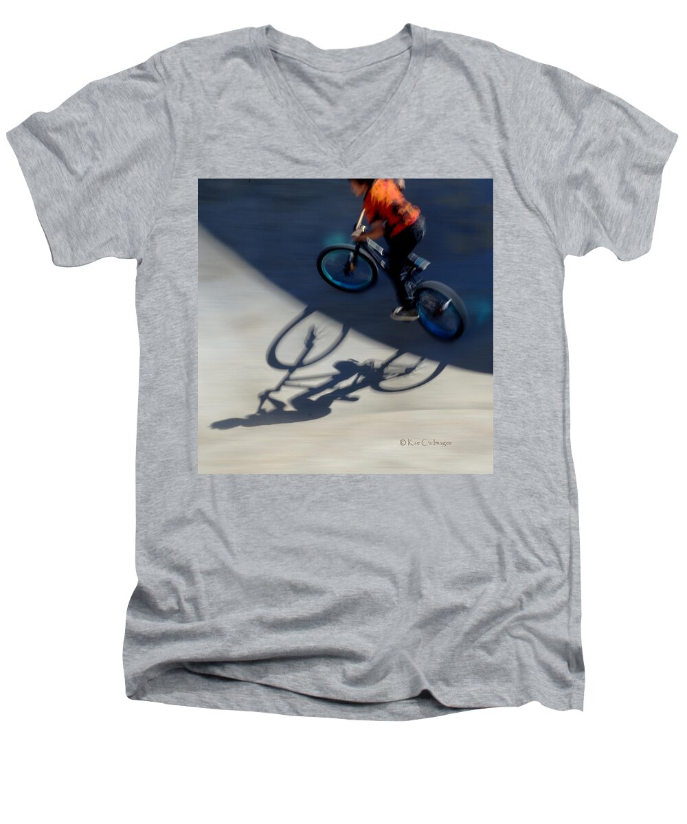 Bike Men's V-Neck T-Shirt featuring the photograph Cyclist and His Shadow by Kae Cheatham
