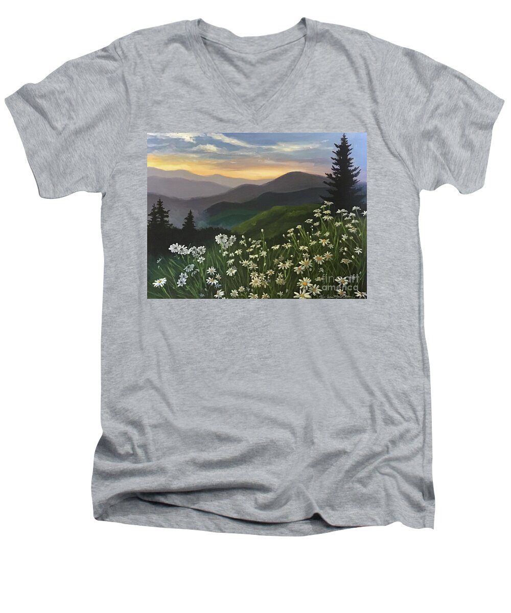 Daisies Men's V-Neck T-Shirt featuring the painting Daisies on the Mountaintop by Anne Marie Brown