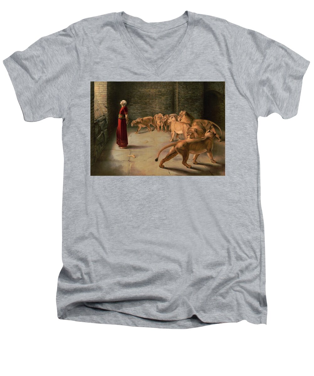 Briton Riviere Men's V-Neck T-Shirt featuring the painting Daniel in the Lions Den, 1892 by Briton Riviere