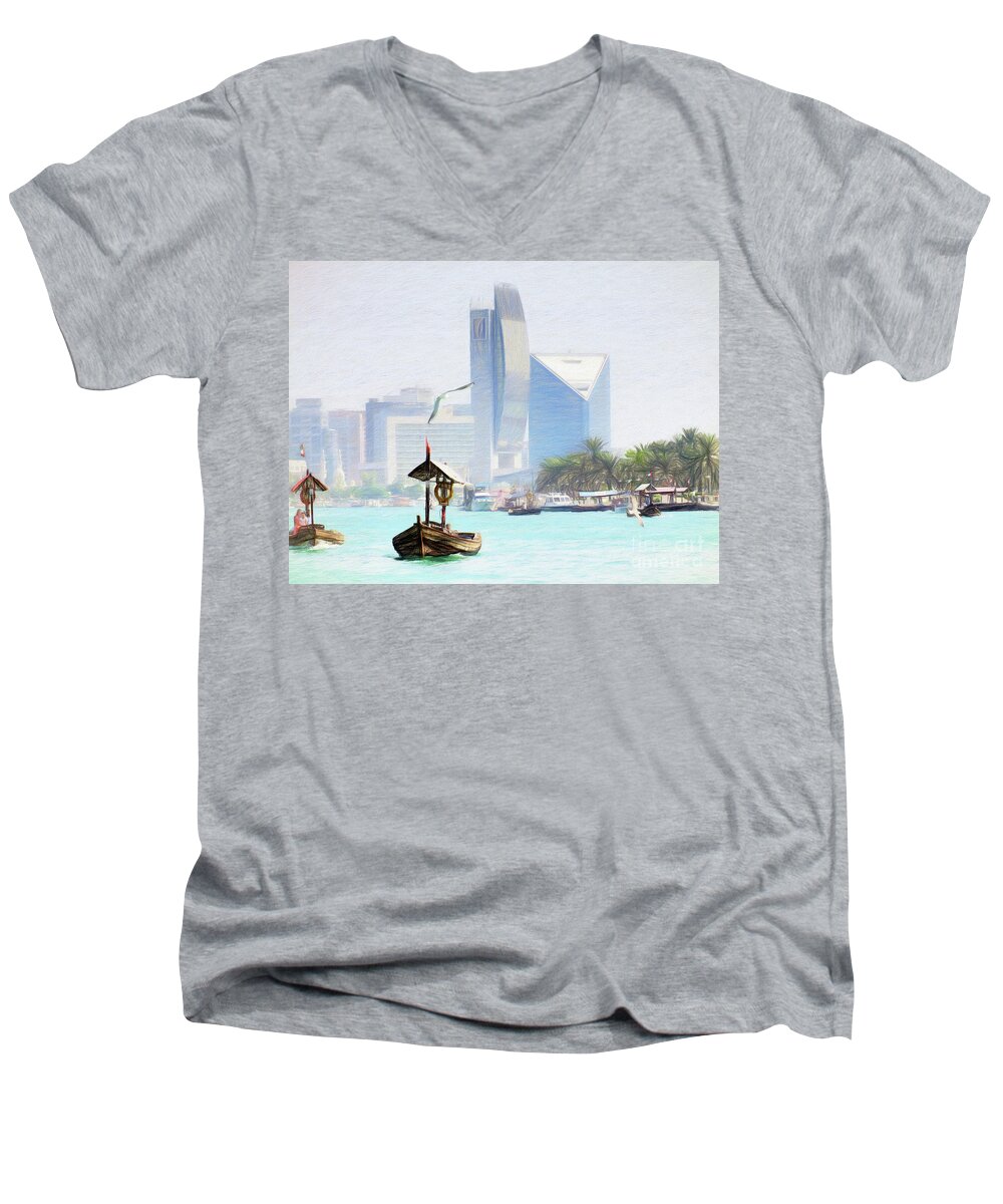 Dubai Men's V-Neck T-Shirt featuring the photograph Dubai Creek - Old and New 100cm x 80cm by Scott Cameron