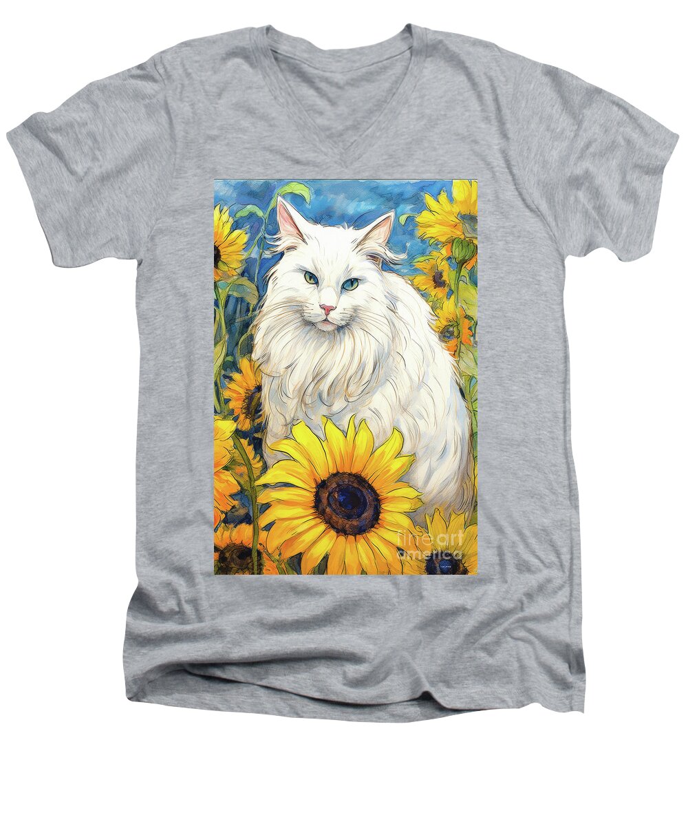 Cat Men's V-Neck T-Shirt featuring the painting Dutchess In The Sunflowers by Tina LeCour