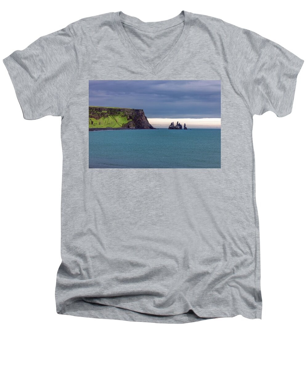Iceland Men's V-Neck T-Shirt featuring the photograph Dyrholaey Peninsula Spires by Rick Strobaugh