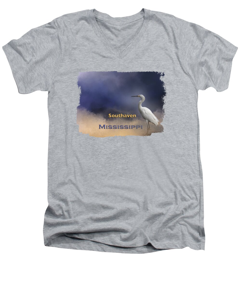 Southaven Men's V-Neck T-Shirt featuring the mixed media Egret Southaven MS by Elisabeth Lucas