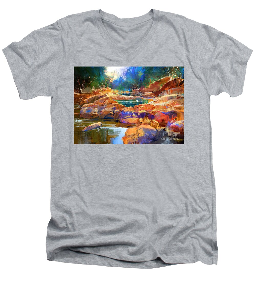 Abstract Men's V-Neck T-Shirt featuring the painting Enchanted Creek by Tithi Luadthong