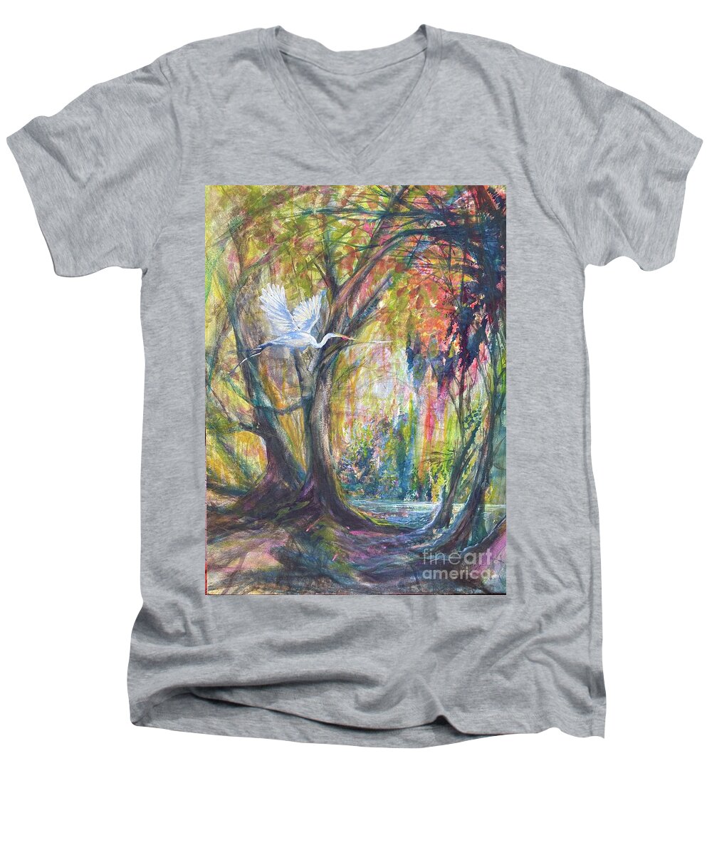 Heron Louisiana Landscape Bird Men's V-Neck T-Shirt featuring the painting Enchanted flight by Francelle Theriot