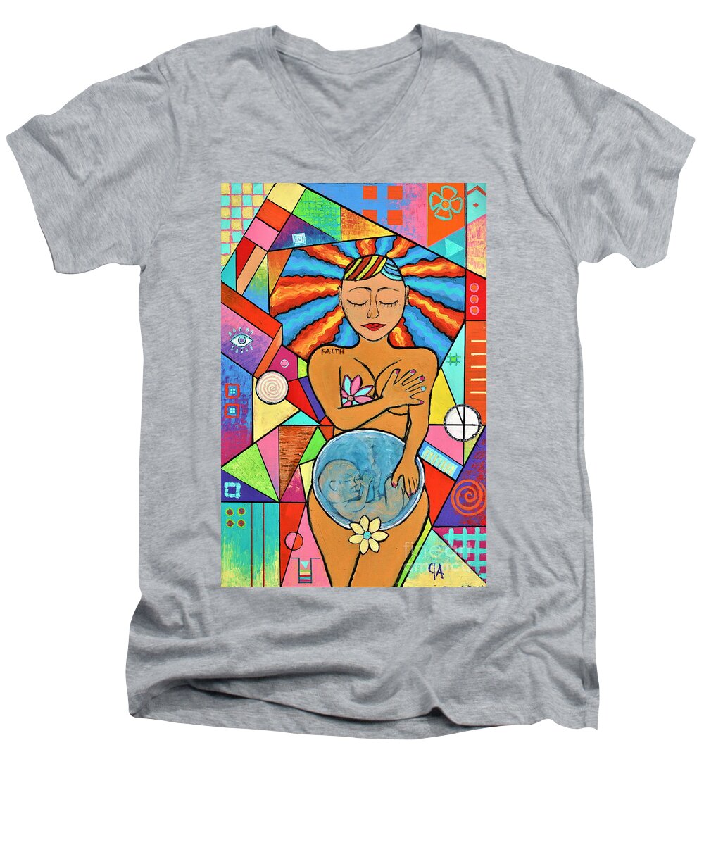 Faith Men's V-Neck T-Shirt featuring the painting Faith, She Carries The World On Her Hips by Jeremy Aiyadurai