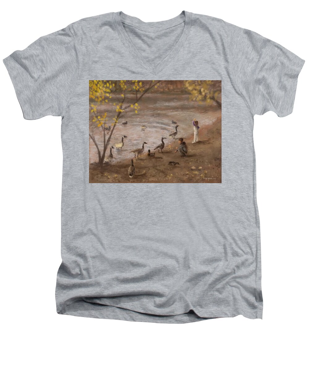 Geese Men's V-Neck T-Shirt featuring the painting Feeding Geese by Larry Whitler