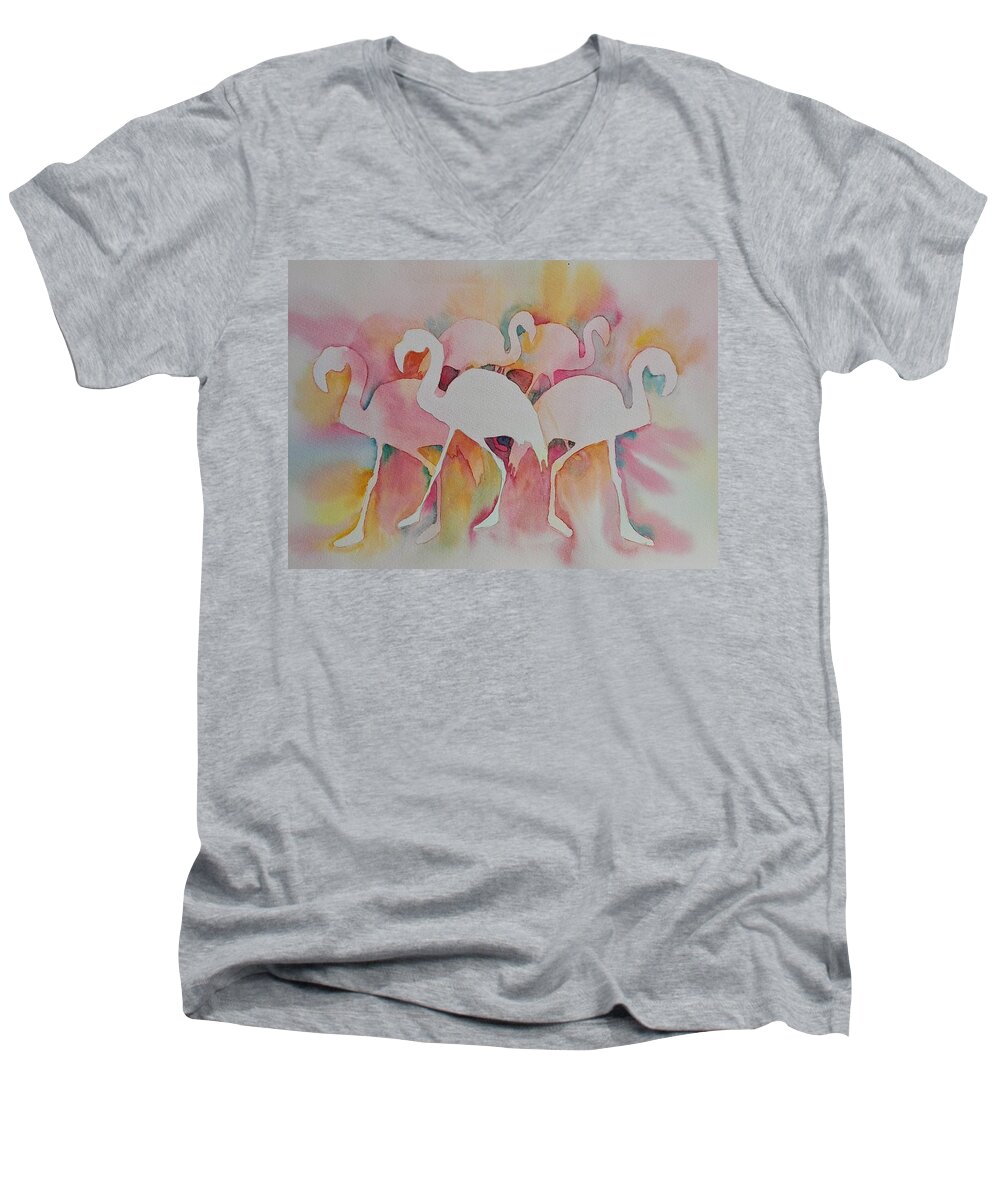 Birds Men's V-Neck T-Shirt featuring the painting Flamingos by Sandie Croft
