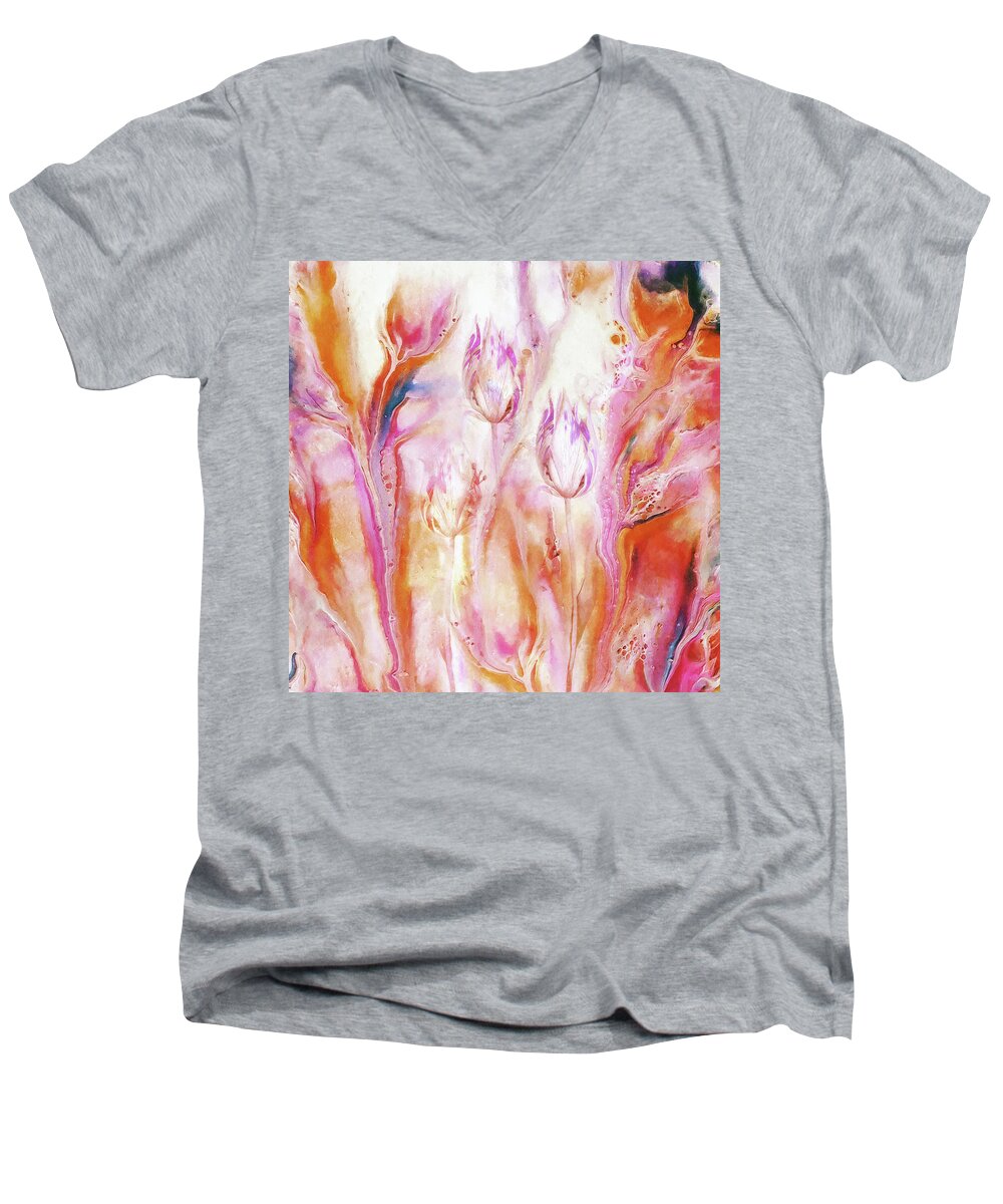 Floral Men's V-Neck T-Shirt featuring the mixed media Floral Abstract by Jacky Gerritsen