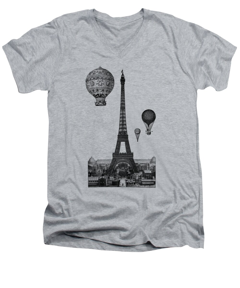 Eiffel Tower Men's V-Neck T-Shirt featuring the digital art Flying Over Paris by Madame Memento