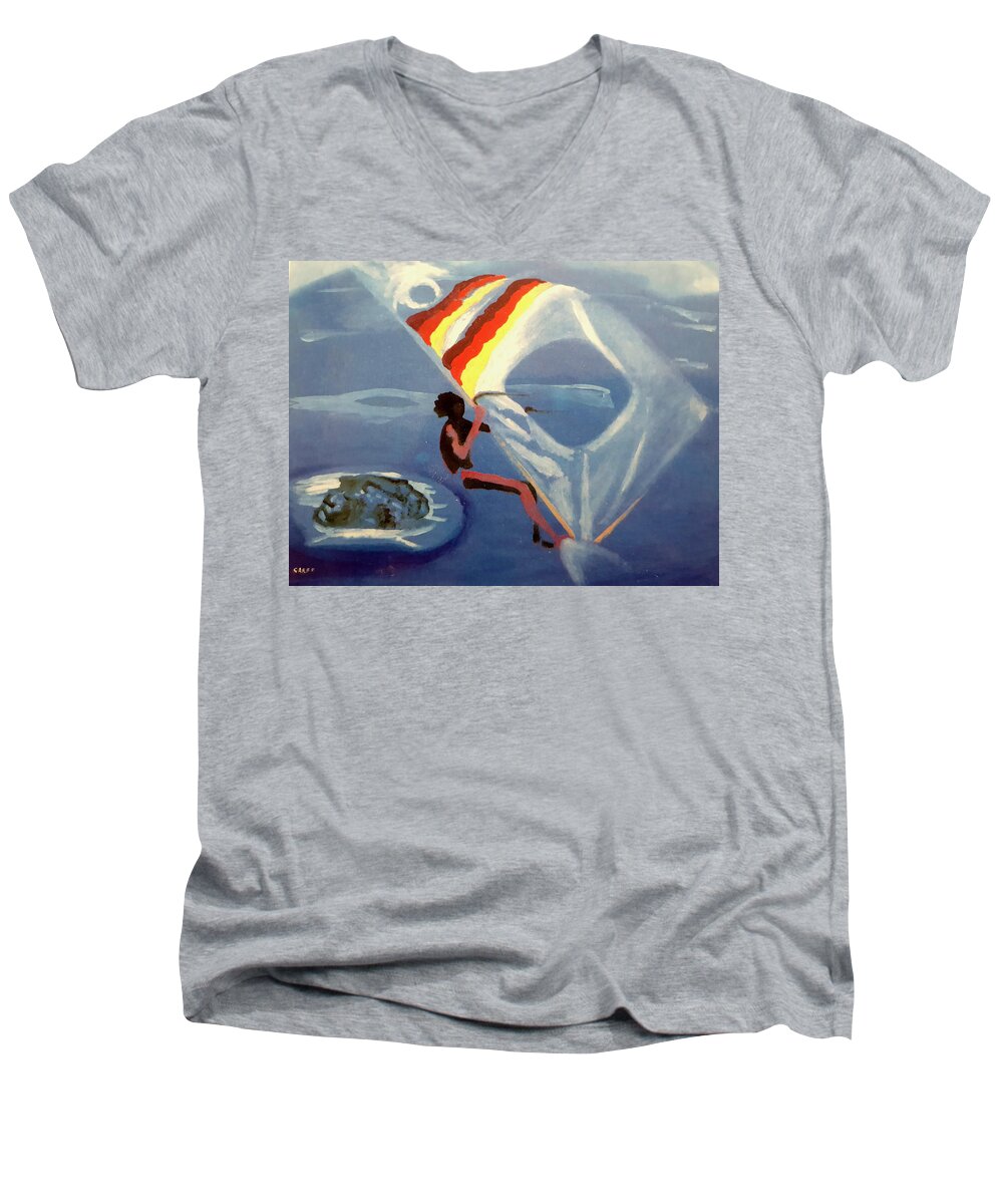 Windsurfer Men's V-Neck T-Shirt featuring the painting Flying Windsurfer by Enrico Garff