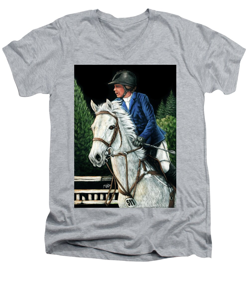Horse Men's V-Neck T-Shirt featuring the painting Focused by Monique Morin Matson