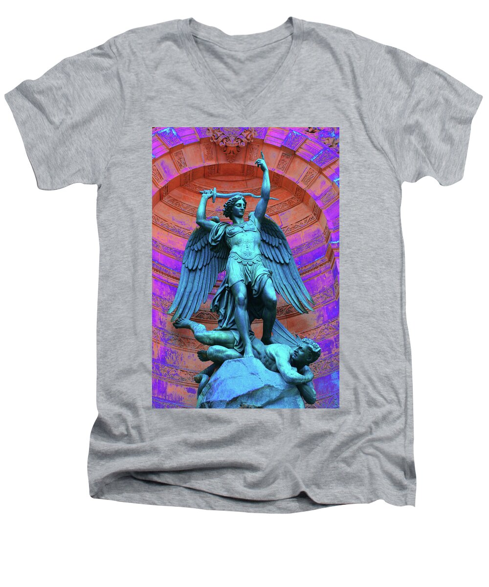 Paris Men's V-Neck T-Shirt featuring the photograph Fontaine St. Michel - Abstract by Ron Berezuk