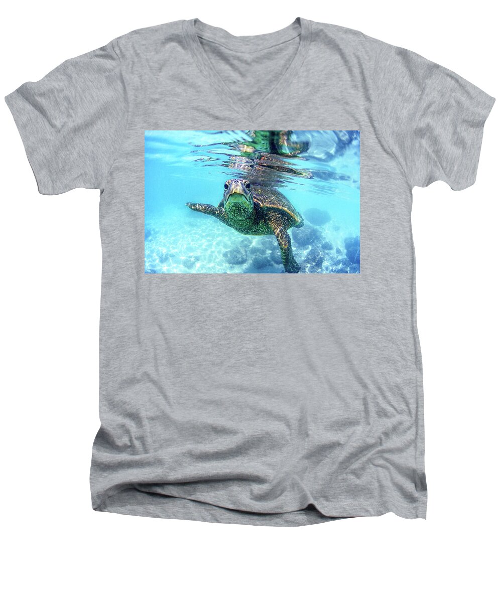 Sea Men's V-Neck T-Shirt featuring the photograph friendly Hawaiian sea turtle by Sean Davey