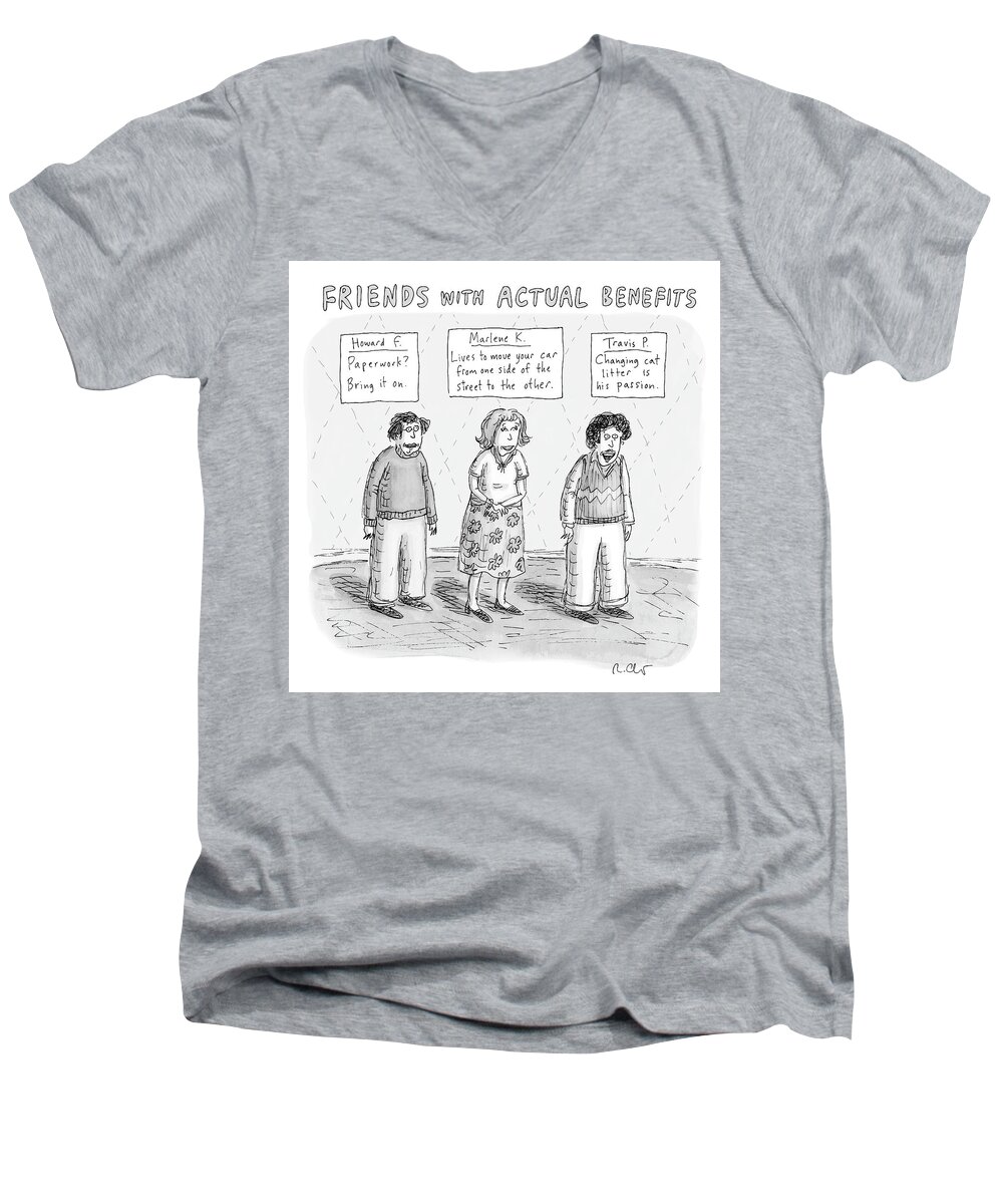 A27450 Men's V-Neck T-Shirt featuring the drawing Friends with Actual Benefits by Roz Chast