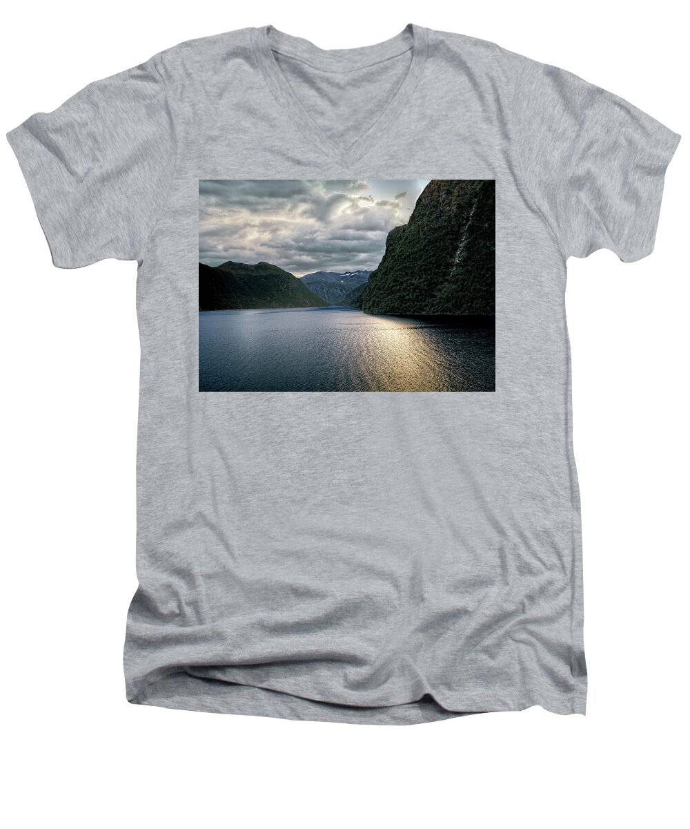 Norway Men's V-Neck T-Shirt featuring the photograph Geiranger Fjord by Jim Hill