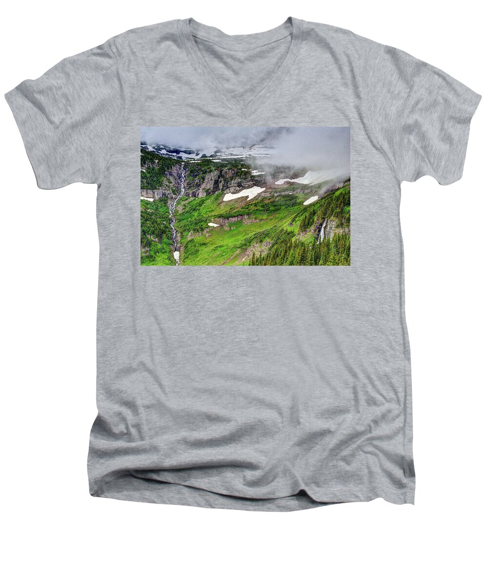 Scenic Men's V-Neck T-Shirt featuring the photograph Glacier NP Waterfalls by Doug Davidson