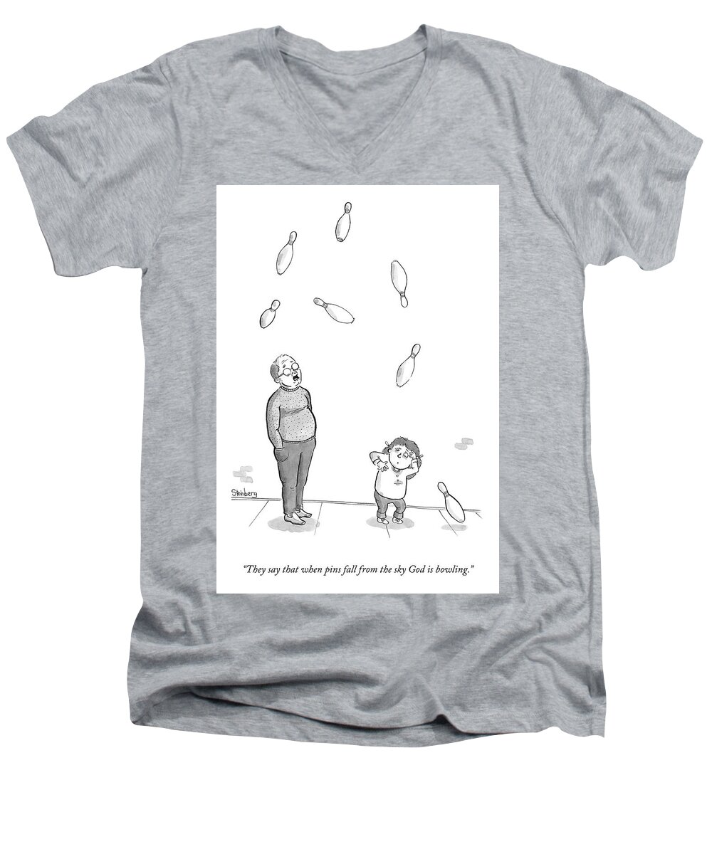 “they Say That When Pins Fall From The Sky God Is Bowling.” Bowling Men's V-Neck T-Shirt featuring the drawing God is Bowling by Avi Steinberg