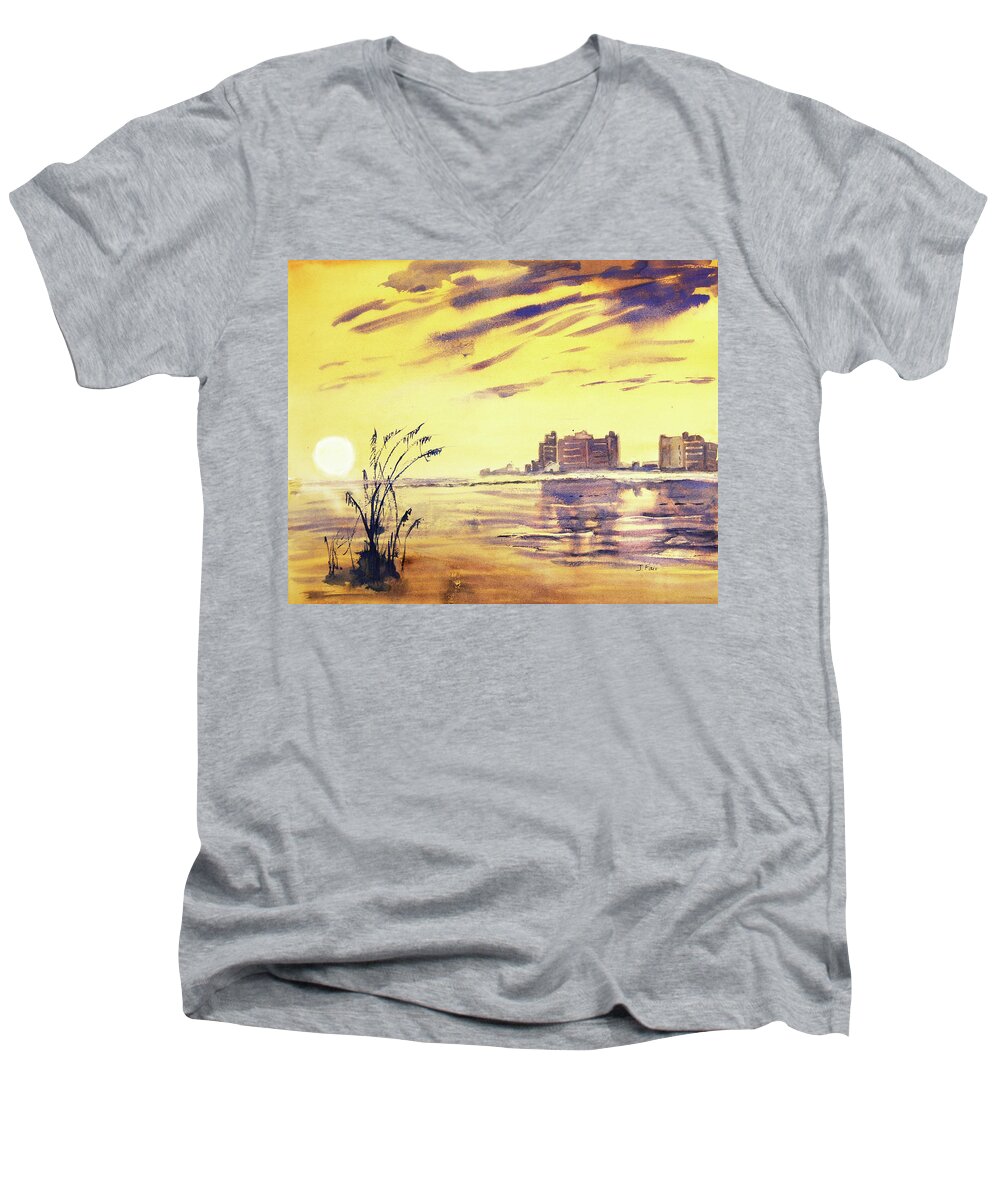 Sunset Men's V-Neck T-Shirt featuring the painting Golden Sunset Along Orange Beach by Jerry Fair