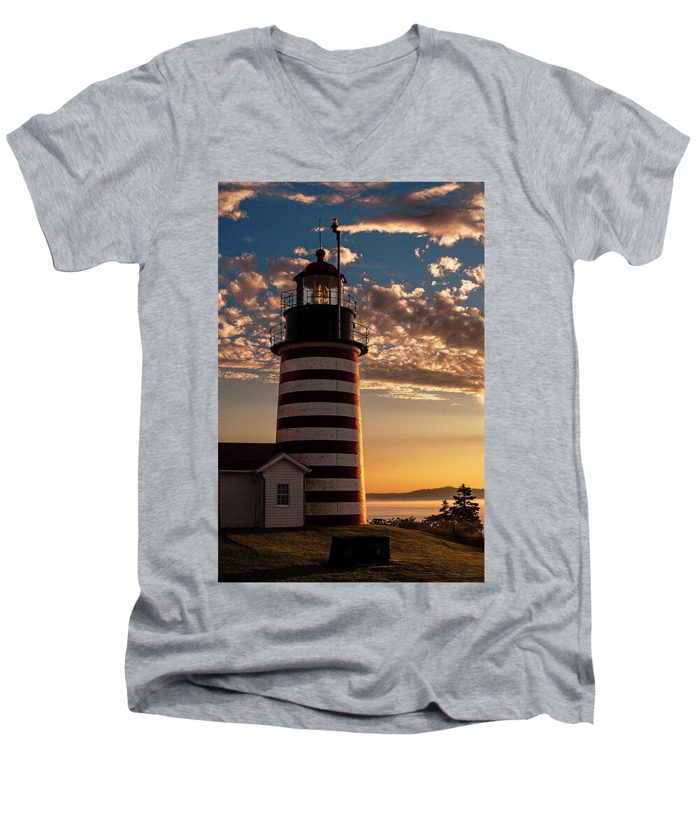 West Quoddy Head Lighthouse Men's V-Neck T-Shirt featuring the photograph Good Morning West Quoddy Head Lighthouse by Marty Saccone